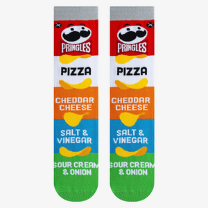 Flat lay showcasing the Pringles Mash Up socks.  The full design is clearly visible.