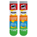 Flat lay showcasing the Pringles Mash Up socks.  The full design is clearly visible.