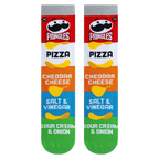 Flat lay showcasing the Pringles Mash Up socks.  The full design is clearly visible.