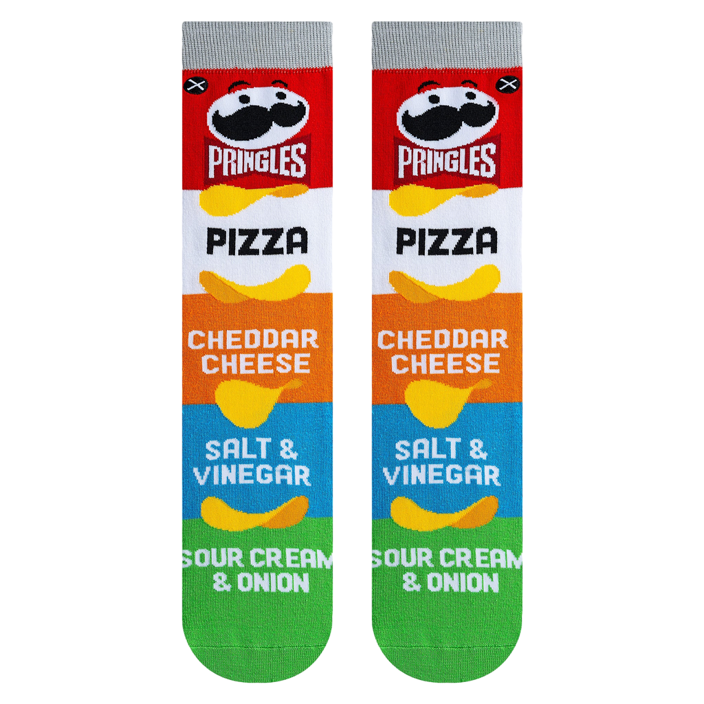 Flat lay showcasing the Pringles Mash Up socks.  The full design is clearly visible.