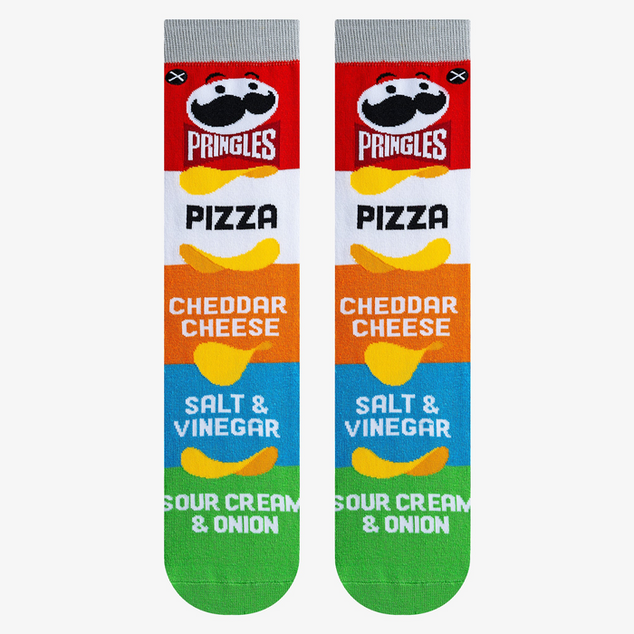 Flat lay showcasing the Pringles Mash Up socks.  The full design is clearly visible.