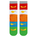 Close-up detail shot of the socks, highlighting the Pringles chip graphics on each colored stripe.