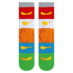 Close-up detail shot of the socks, highlighting the Pringles chip graphics on each colored stripe.
