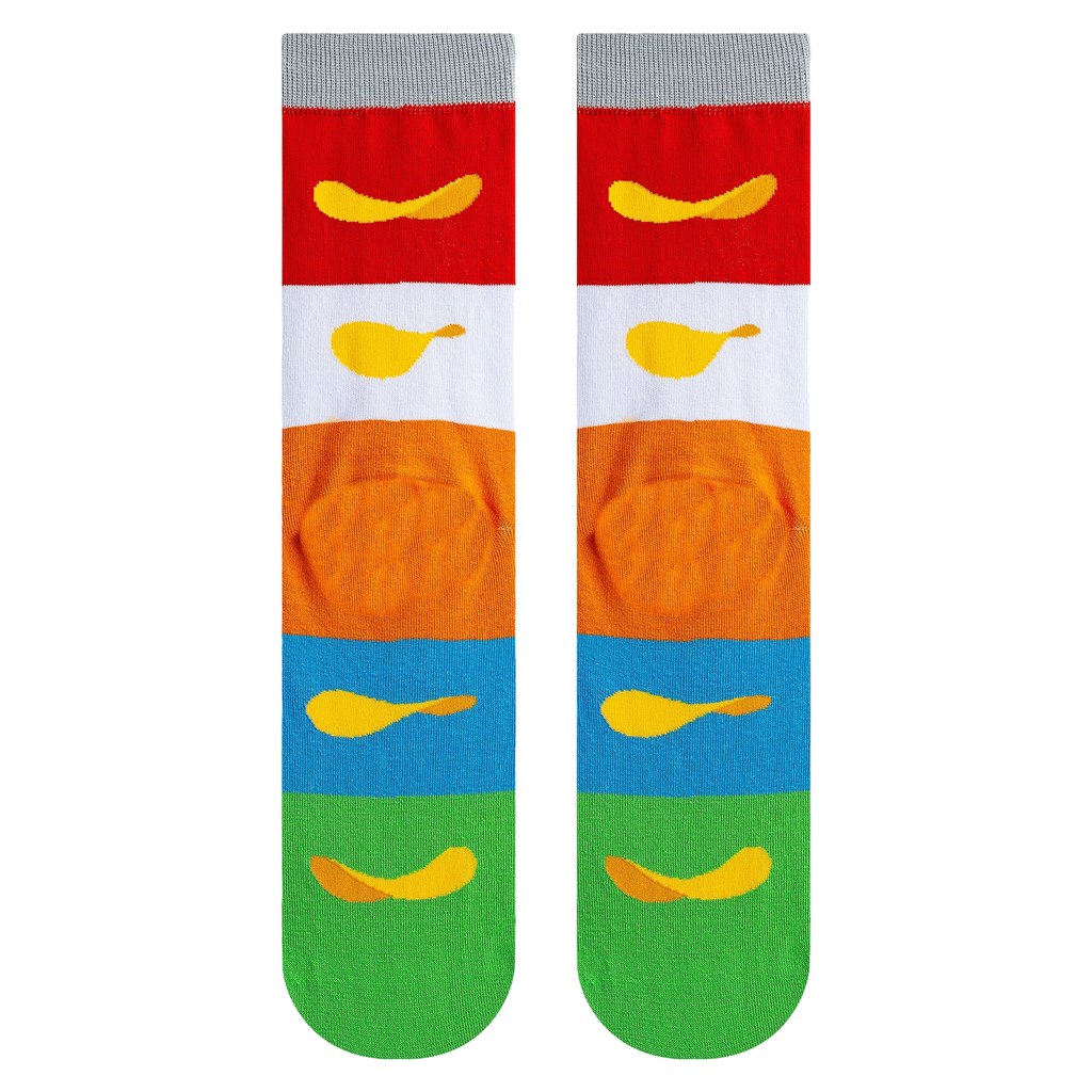 Close-up detail shot of the socks, highlighting the Pringles chip graphics on each colored stripe.