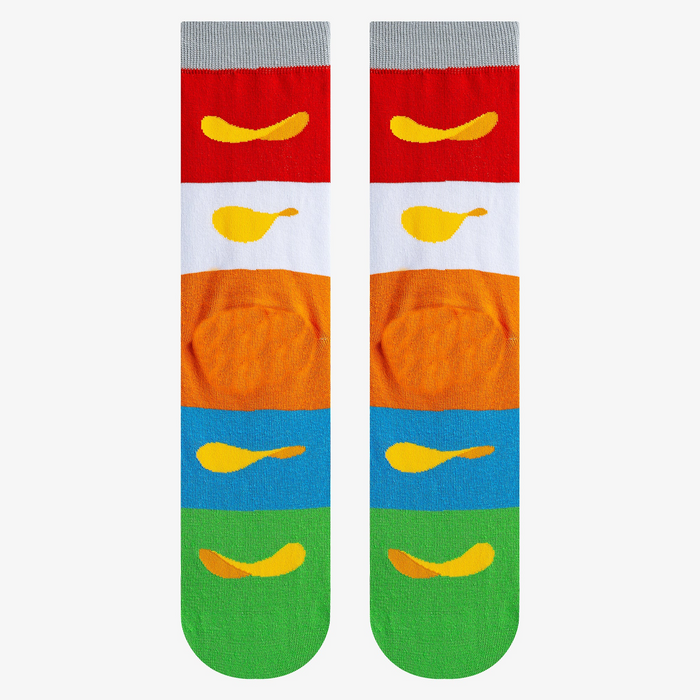 Close-up detail shot of the socks, highlighting the Pringles chip graphics on each colored stripe.