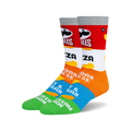 Pair of crew socks with a Pringles-themed design.  Red, white, orange, blue, and green stripes feature Pringles flavors and logo.