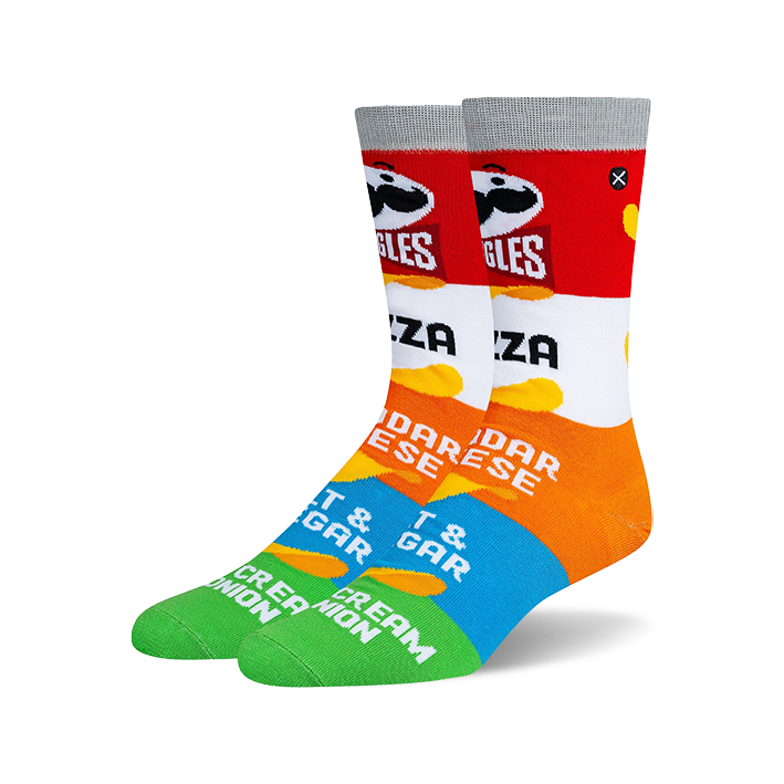 Pair of crew socks with a Pringles-themed design.  Red, white, orange, blue, and green stripes feature Pringles flavors and logo.