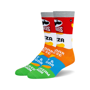 Pair of crew socks with a Pringles-themed design.  Red, white, orange, blue, and green stripes feature Pringles flavors and logo.