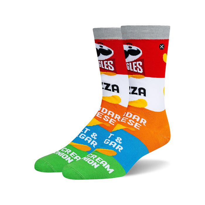 Pair of crew socks with a Pringles-themed design.  Red, white, orange, blue, and green stripes feature Pringles flavors and logo.