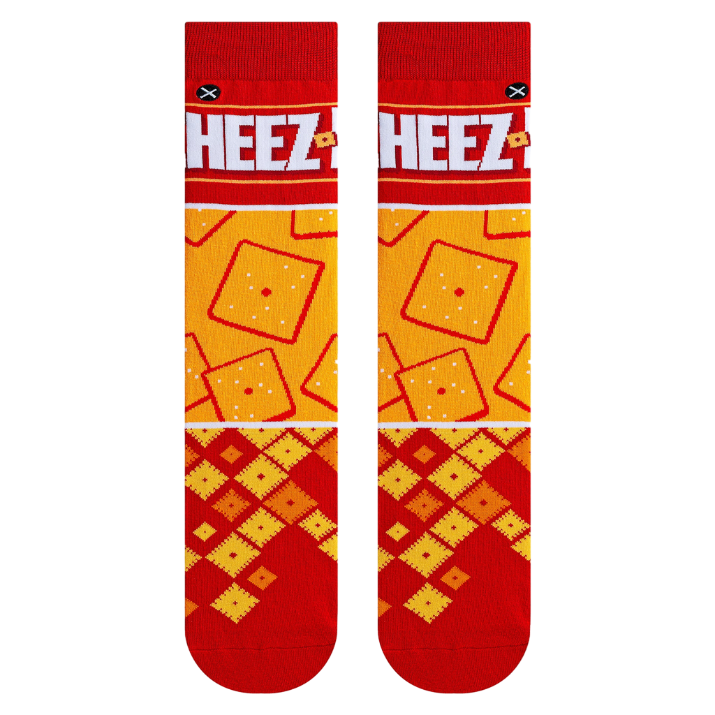Flatlay product shot of the Cheez-It Mash Up socks showing the full design.