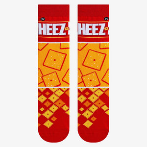 Flatlay product shot of the Cheez-It Mash Up socks showing the full design.