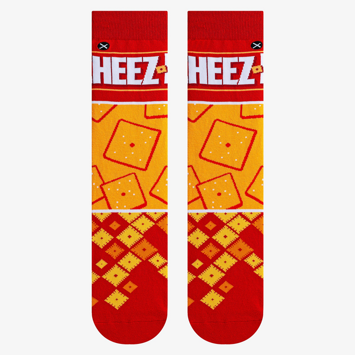 Flatlay product shot of the Cheez-It Mash Up socks showing the full design.