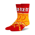 Pair of crew socks in red and orange.  Features a Cheez-It box design at the top and a pattern of Cheez-It crackers.