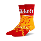 Pair of crew socks in red and orange.  Features a Cheez-It box design at the top and a pattern of Cheez-It crackers.