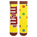 Pair of M&Ms Split socks displayed on a white background; showcasing the full design, including the M&Ms logo and candies.