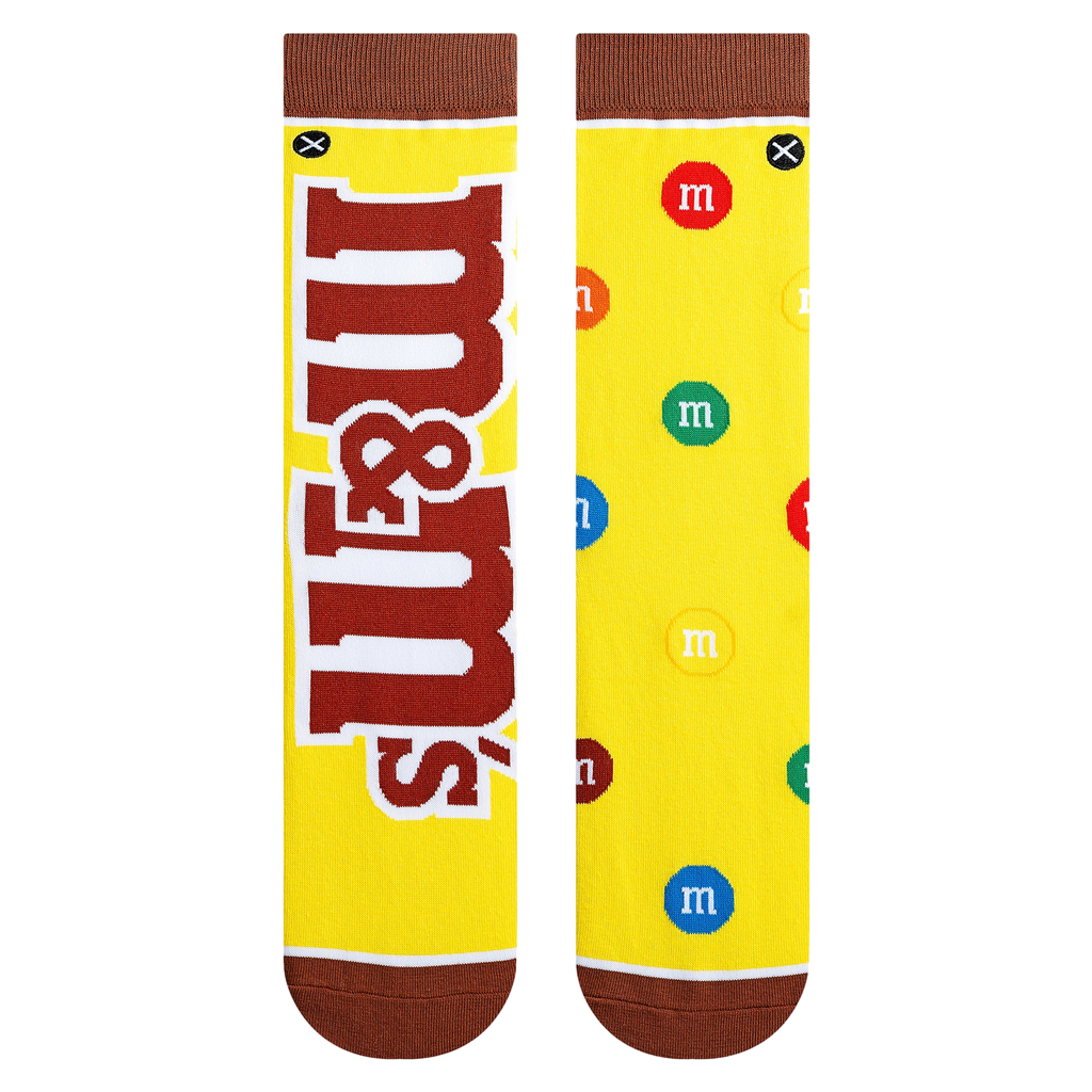 Pair of M&Ms Split socks displayed on a white background; showcasing the full design, including the M&Ms logo and candies.