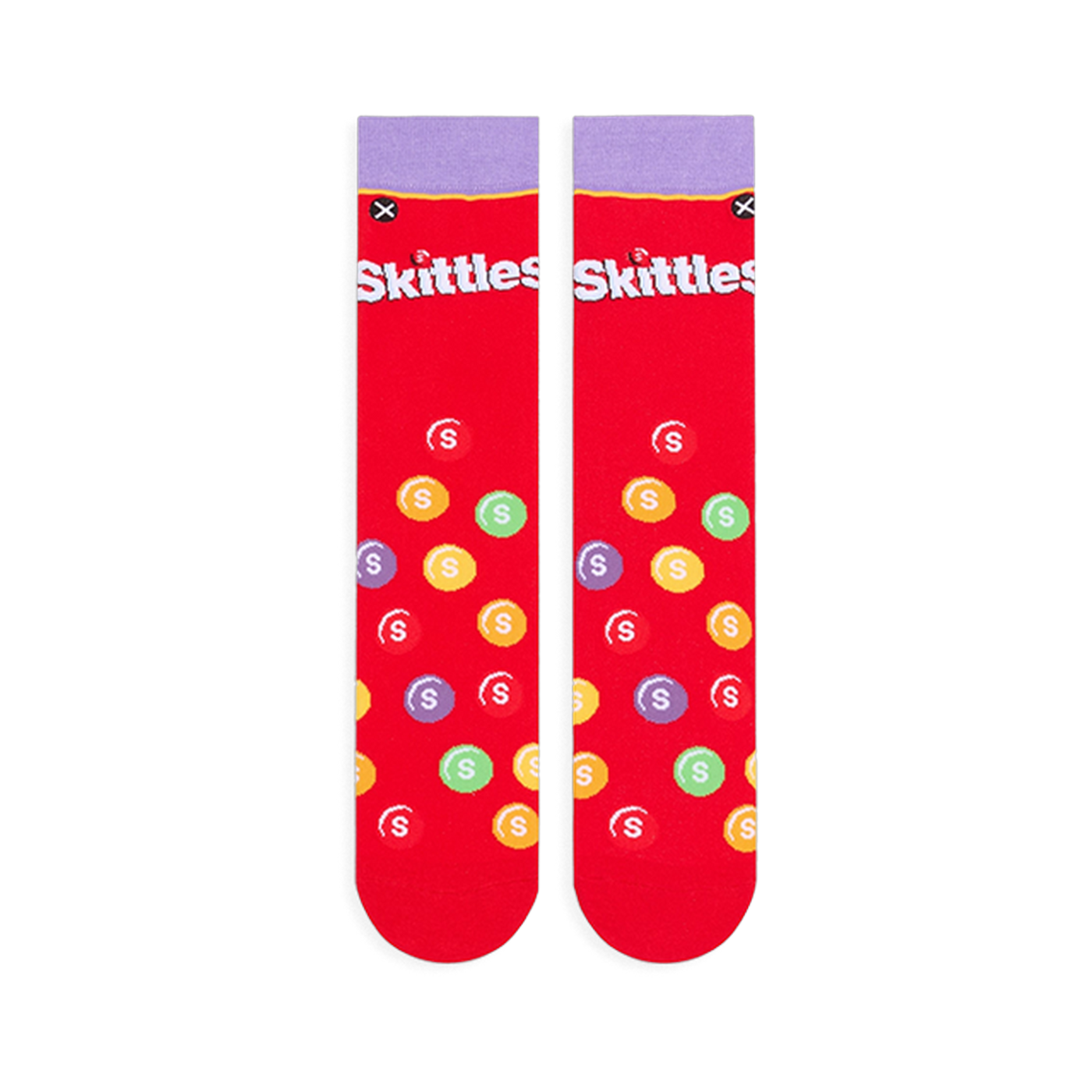 Flat lay of two red Skittles socks showing the light purple cuff, white logo, and scattered multi-colored candy pattern.