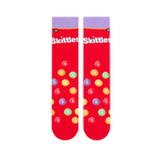 Flat lay of two red Skittles socks showing the light purple cuff, white logo, and scattered multi-colored candy pattern.