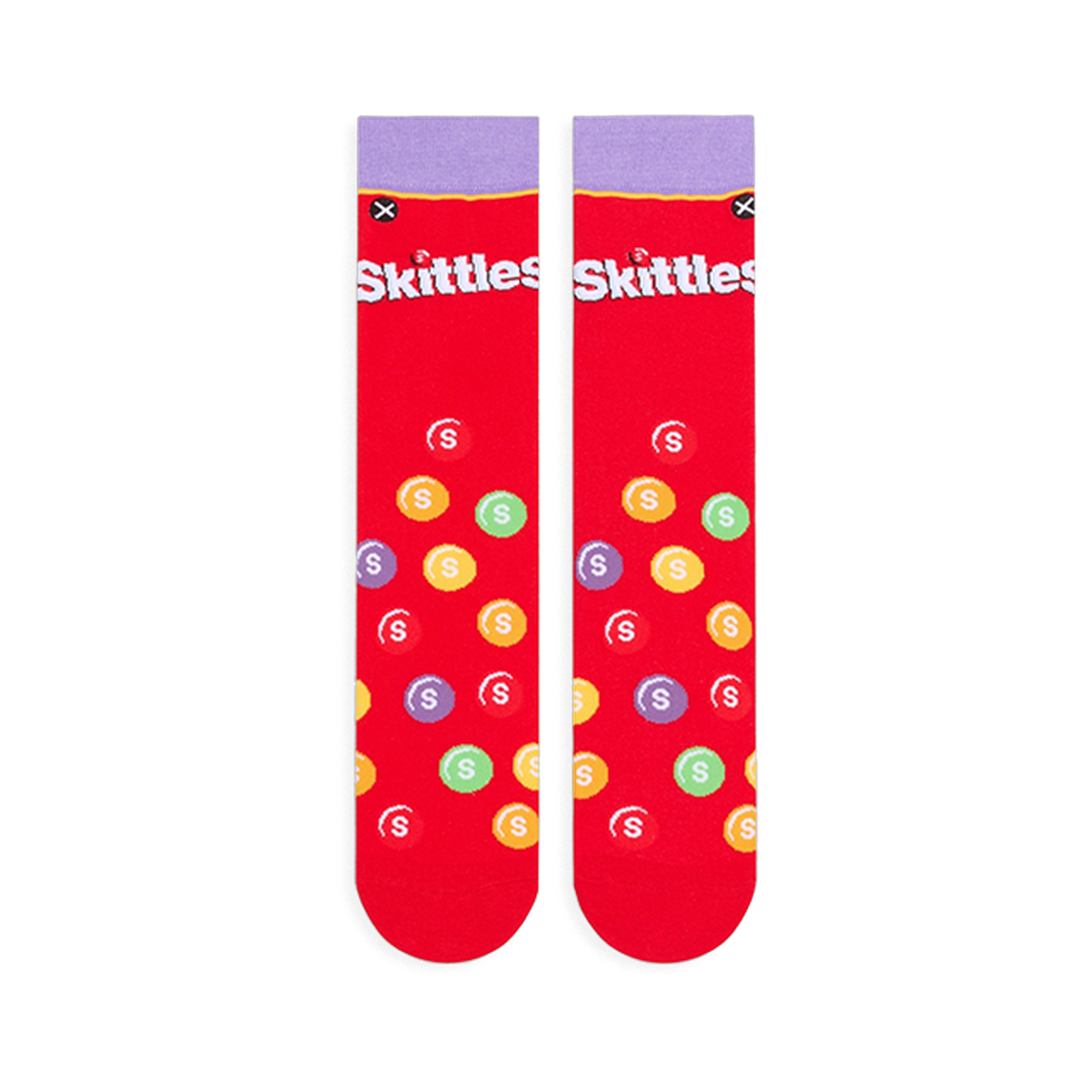 Flat lay of two red Skittles socks showing the light purple cuff, white logo, and scattered multi-colored candy pattern.
