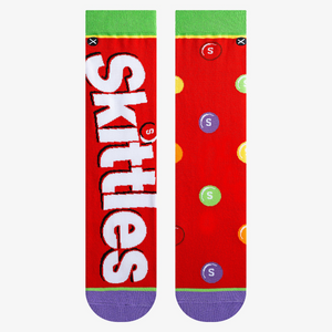 Flatlay showcasing a pair of Skittles Split socks, highlighting the detail and color of the design.