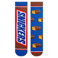 Flat lay showcasing a pair of Snickers Split socks, highlighting the detailed Snickers bar and candy piece designs.
