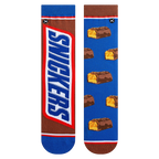 Flat lay showcasing a pair of Snickers Split socks, highlighting the detailed Snickers bar and candy piece designs.