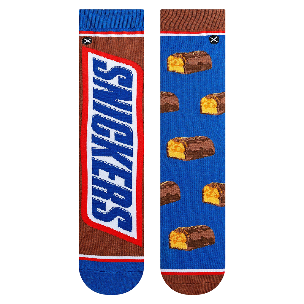 Flat lay showcasing a pair of Snickers Split socks, highlighting the detailed Snickers bar and candy piece designs.