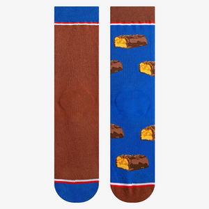 Detailed close-up shot of the Snickers Split socks, showing the texture and quality of the sock fabric and print.