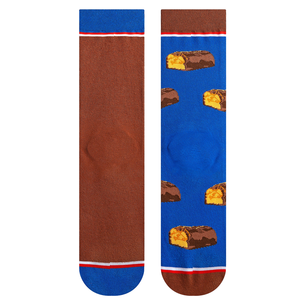Detailed close-up shot of the Snickers Split socks, showing the texture and quality of the sock fabric and print.