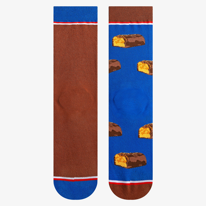 Detailed close-up shot of the Snickers Split socks, showing the texture and quality of the sock fabric and print.