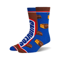 Pair of crew socks; one sock shows a Snickers bar graphic, the other has scattered Snickers pieces on a blue background. Brown and blue are the main colors.