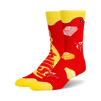 Pair of crew socks in red and yellow, featuring a Starburst candy design.  The socks show the candy's logo and individual candies.