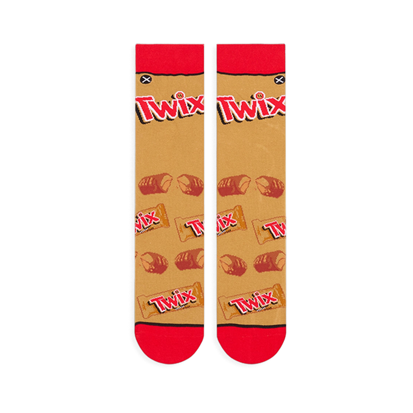 Flat lay of two tan crew socks side by side showing red cuffs, large Twix logos, and a pattern of snapped candy bars.
