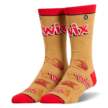 Tan crew socks featuring a large red Twix logo, red cuffs and toes, and a pattern of wrapped and broken candy bars.