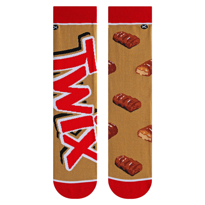 Flatlay showcasing both Twix Split socks, highlighting the design details on each sock.