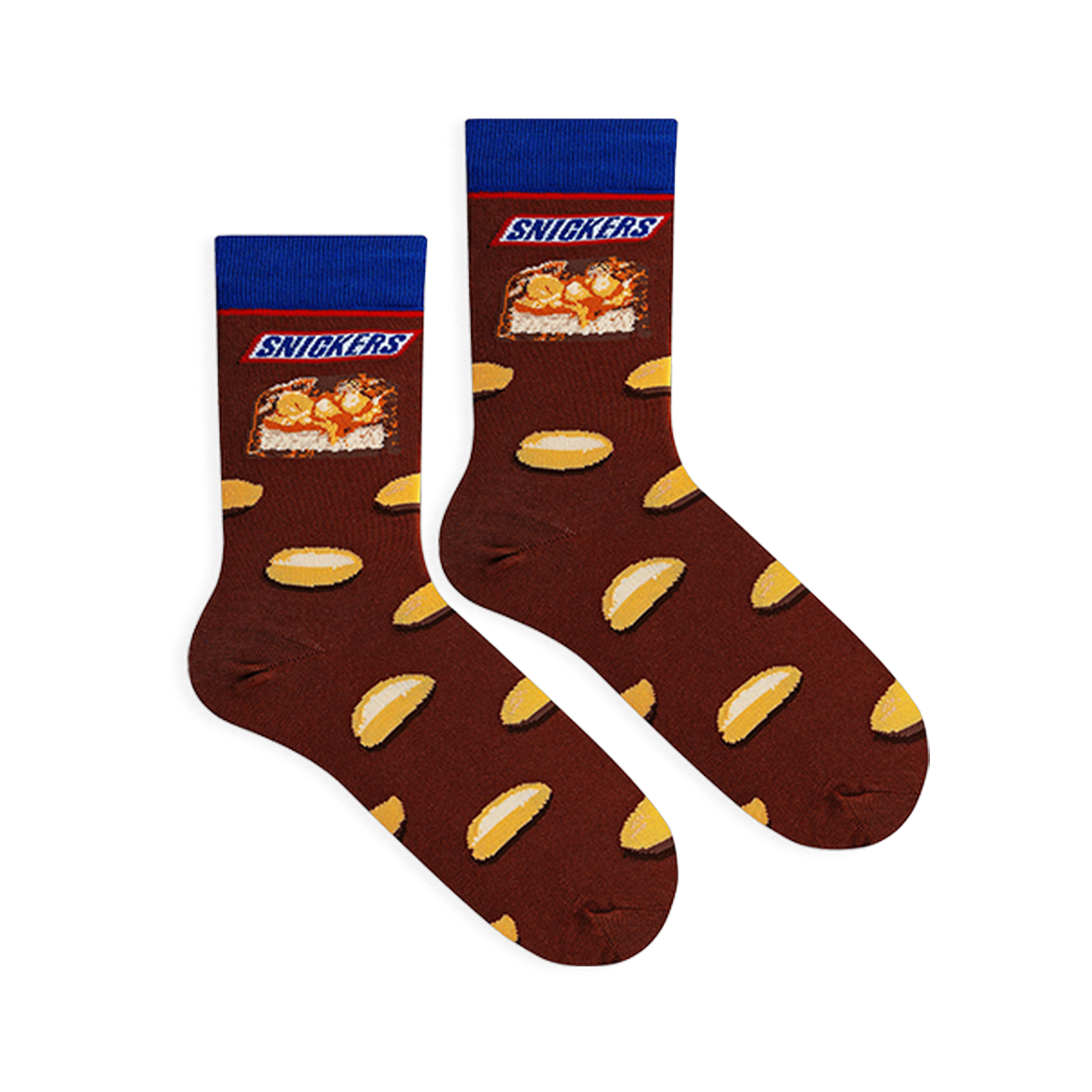 Flat lay of two brown socks showing the Snickers logo, a candy bar cross-section, and scattered peanut halves.