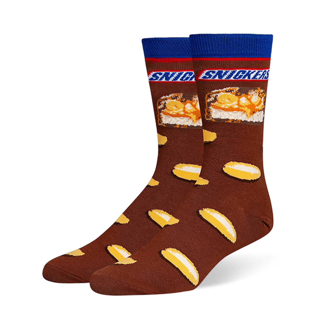 Brown crew socks featuring a blue cuff, the Snickers logo, a candy bar cross-section, and a scattered peanut pattern.