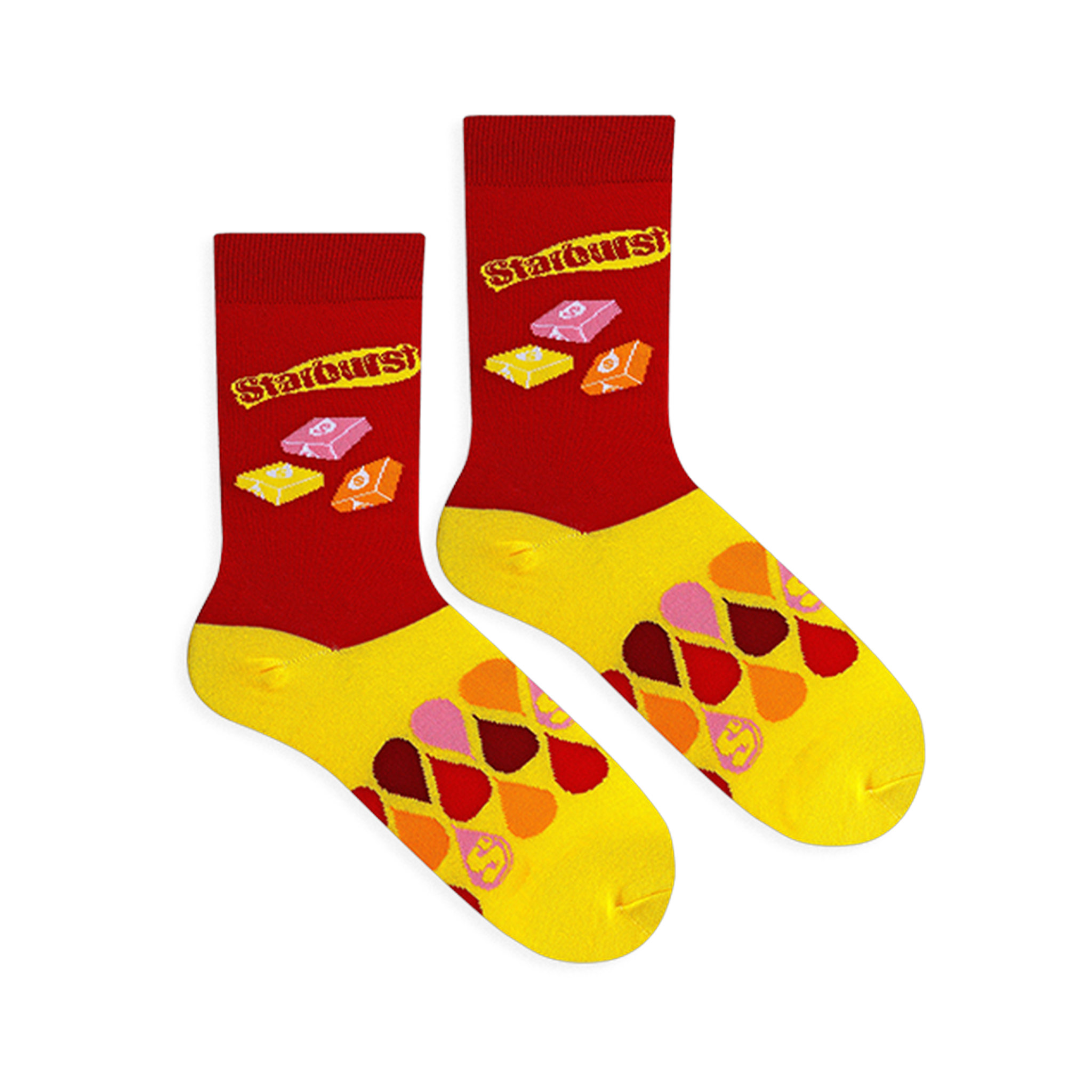 Flat lay of Starburst candy socks displaying red legs, bright yellow feet, classic logos, and a layered drop pattern.