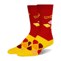 Red crew socks with yellow feet, featuring Starburst logos, wrapped candies, colorful drops, and small S letters.