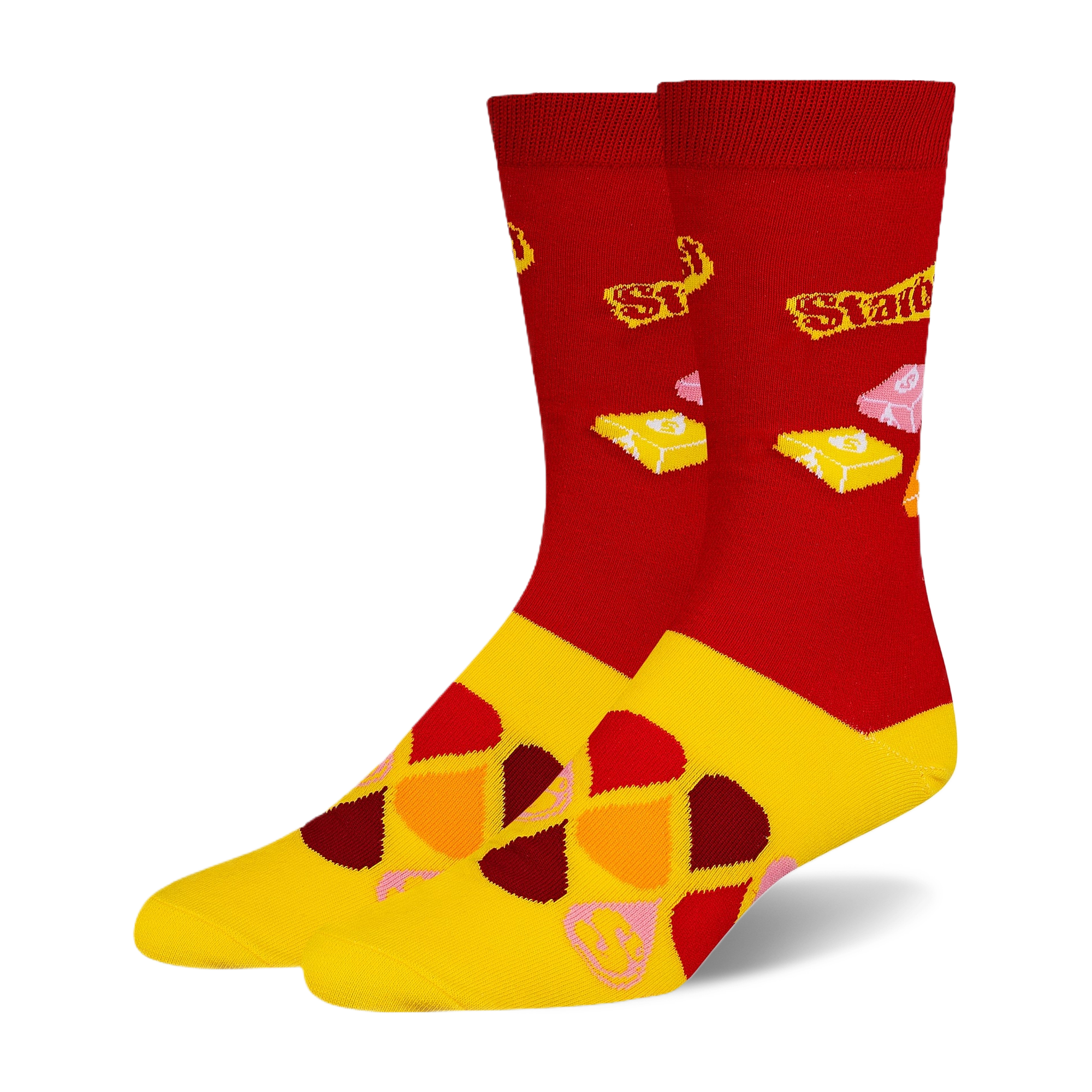 Red crew socks with yellow feet, featuring Starburst logos, wrapped candies, colorful drops, and small S letters.