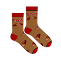 Flat lay of two Twix socks showing the golden background, red heel and toe, classic logo, and broken candy bar pattern.