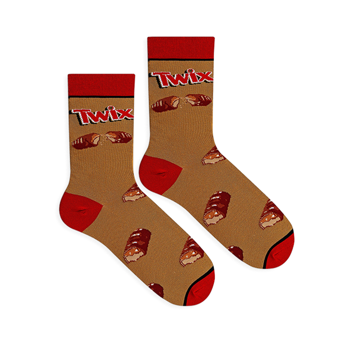 Flat lay of two Twix socks showing the golden background, red heel and toe, classic logo, and broken candy bar pattern.