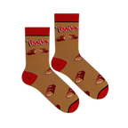 Flat lay of two Twix socks showing the golden background, red heel and toe, classic logo, and broken candy bar pattern.