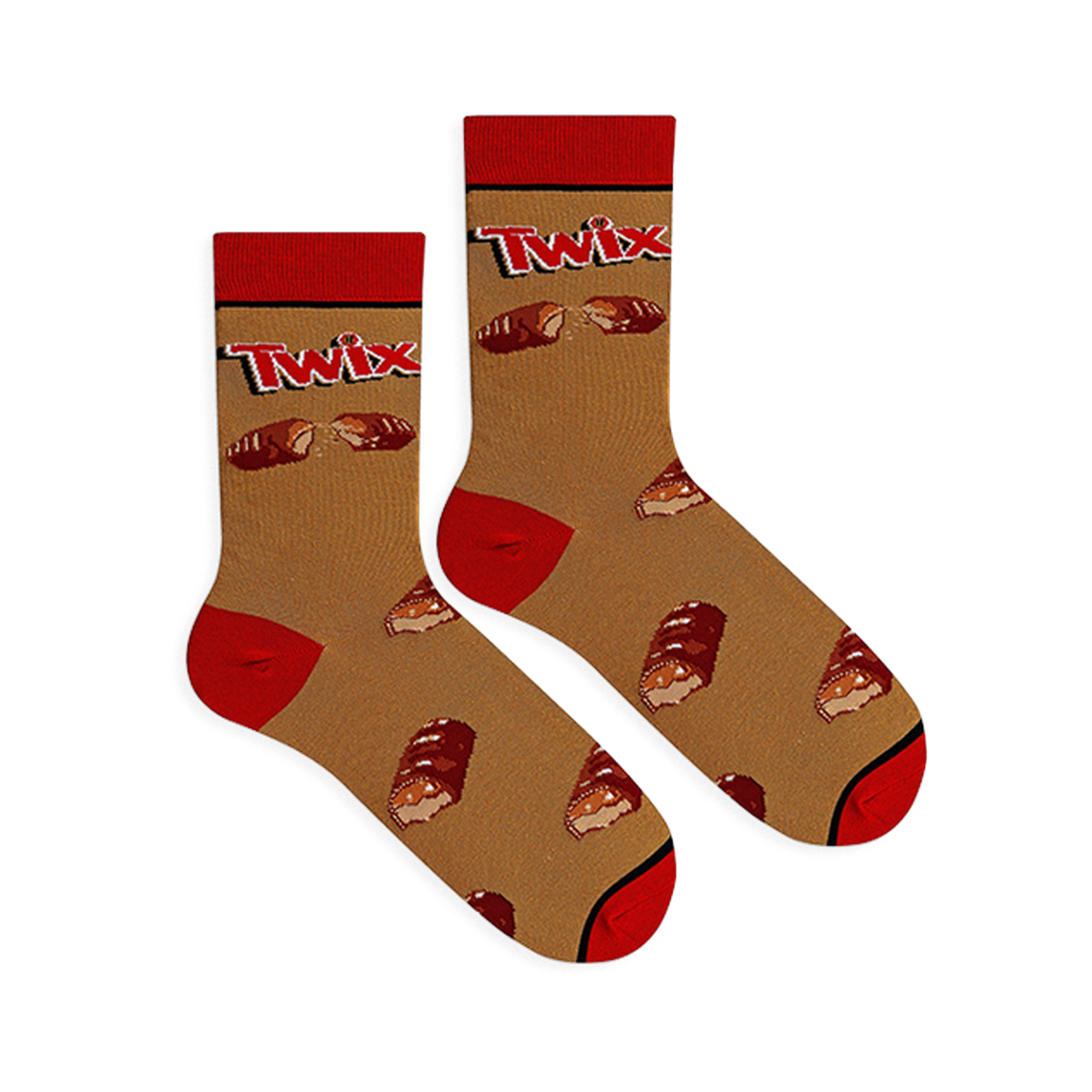 Flat lay of two Twix socks showing the golden background, red heel and toe, classic logo, and broken candy bar pattern.