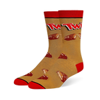 Crew socks with a golden caramel background, red cuffs, heels and toes, featuring the Twix logo and broken chocolate bars.