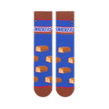Flat lay of two blue crew socks side-by-side, displaying the Snickers logo at the top and mini chocolate bars below.