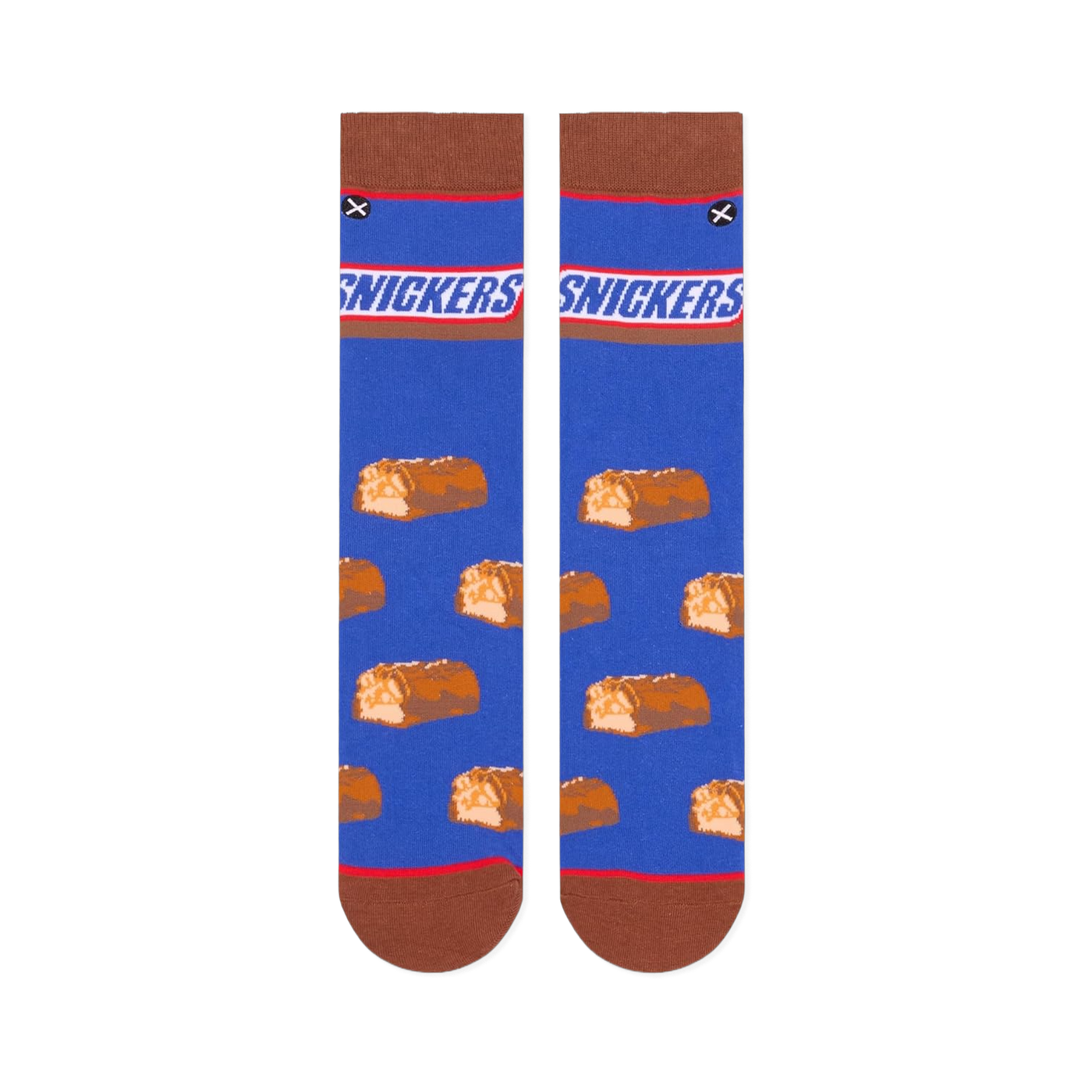 Flat lay of two blue crew socks side-by-side, displaying the Snickers logo at the top and mini chocolate bars below.