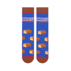 Flat lay of two blue crew socks side-by-side, displaying the Snickers logo at the top and mini chocolate bars below.