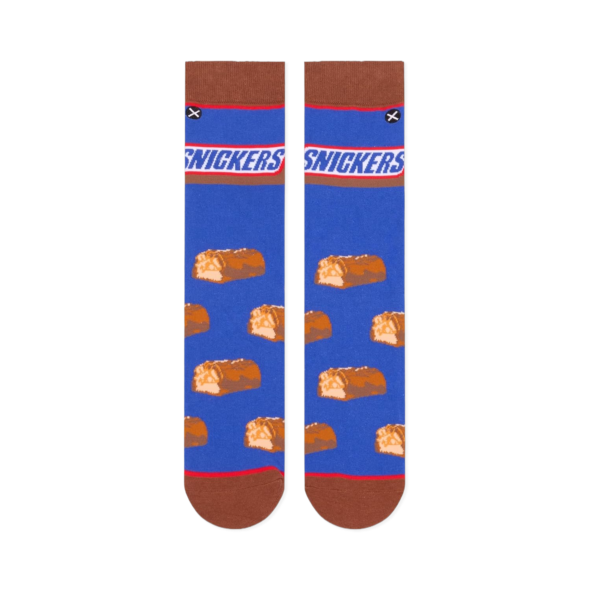 Flat lay of two blue crew socks side-by-side, displaying the Snickers logo at the top and mini chocolate bars below.