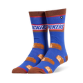 Blue crew socks featuring the Snickers logo at the calf, brown accents, and a pattern of sliced mini chocolate candy bars.